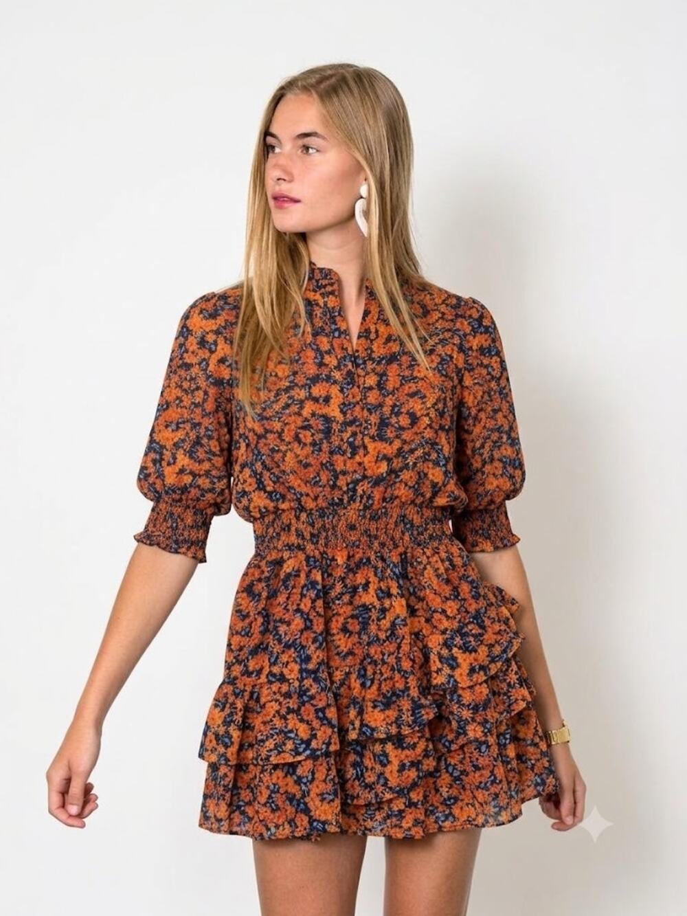 THE SHIRT by Rochelle Behrens Orange Floral Mini Dress Size L NWT